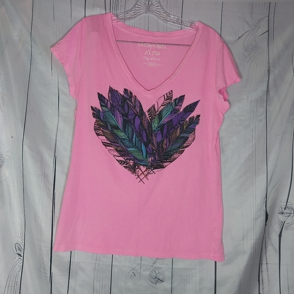 Aeropostale Pink Feather Graphic Women's Y2K V-Neck Top